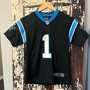 Cam Newton #1 Panthers Nike NFL Kids Black and Blue Sports Jersey. Medium.